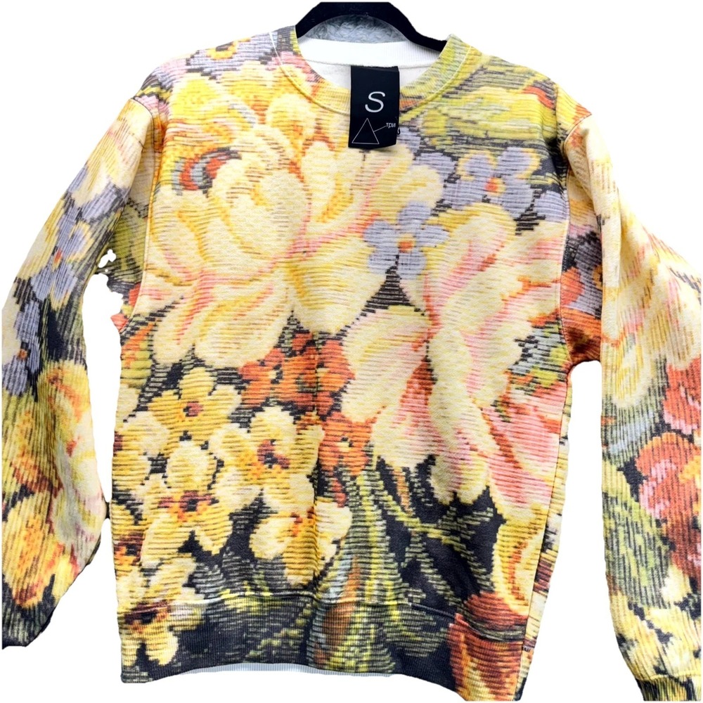Tassielli Laura Tapestry Sweater Women's Small Yellow All-Over Floral Patterned